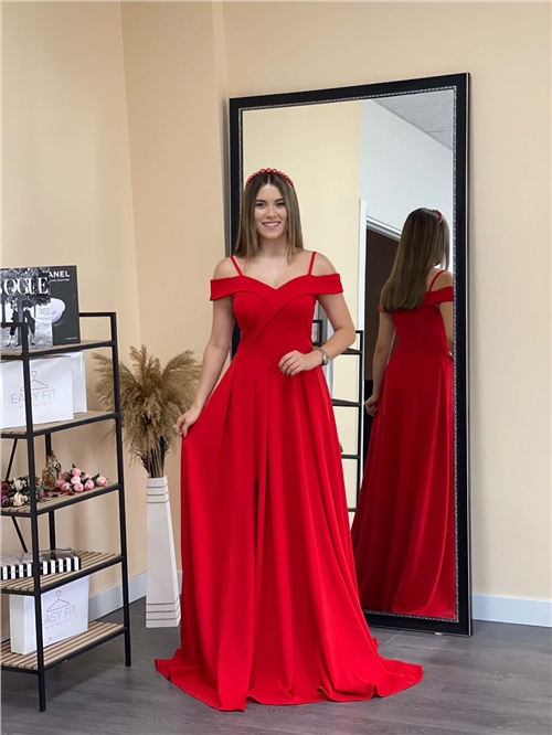Crep Kumaş Askılı Prenses Elbise - Kırmızı