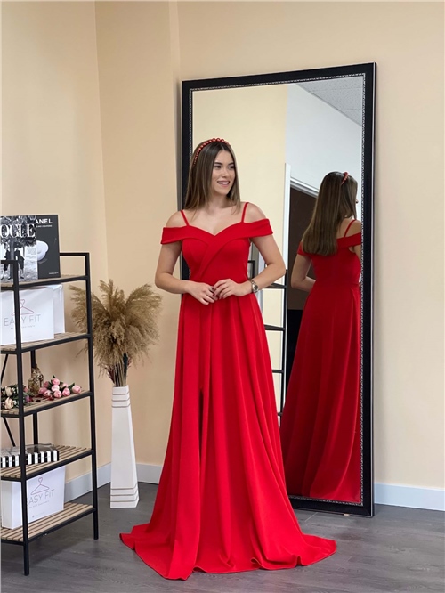 Crep Kumaş Askılı Prenses Elbise - Kırmızı