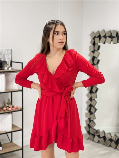 Crep Kumaş Fırfırlı Mini Elbise - Kırmızı