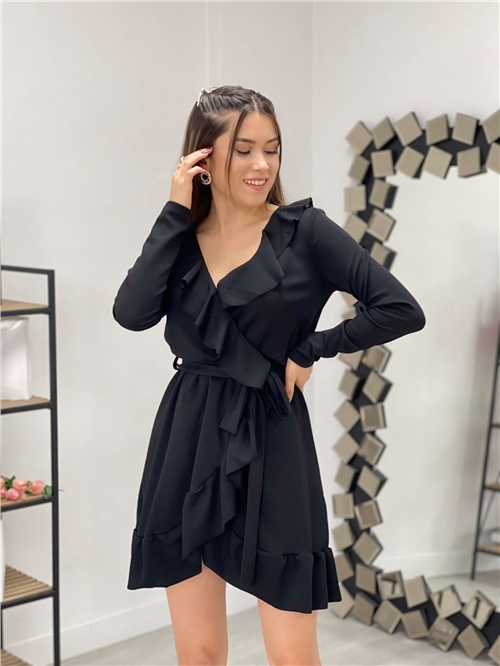 Crep Kumaş Fırfırlı Mini Elbise - Siyah