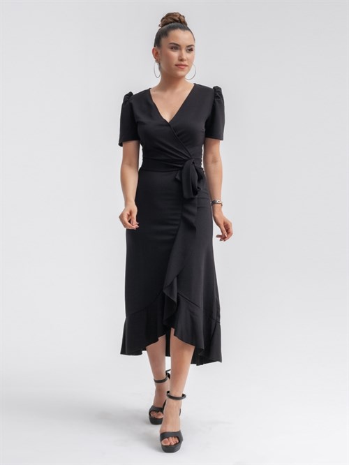 Crep Kumaş Midi Elbise  - Siyah