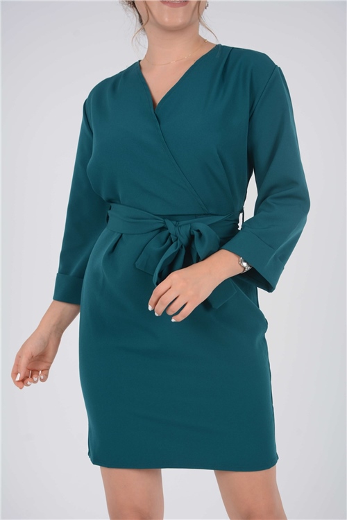 Crep Kumaş Mini Elbise - Zümrüt Yeşili