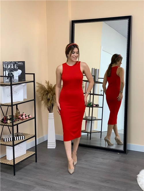 Crep Kumaş Sıfır Kol Elbise - Kırmızı
