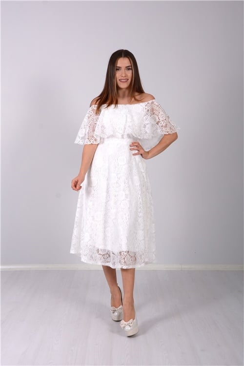Full Dantel Volanlı Elbise - Beyaz