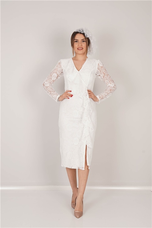Güpür Dantel Yırtmaç Detaylı Elbise - Beyaz