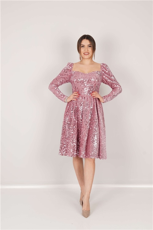 Kadife Payet Kalp Yaka Elbise - Pudra