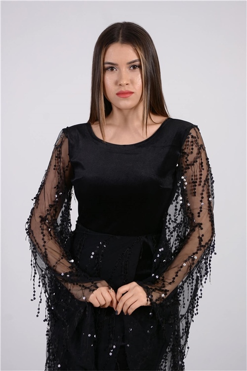 Kadife Pul Saçaklı Tasarım Elbise - Siyah