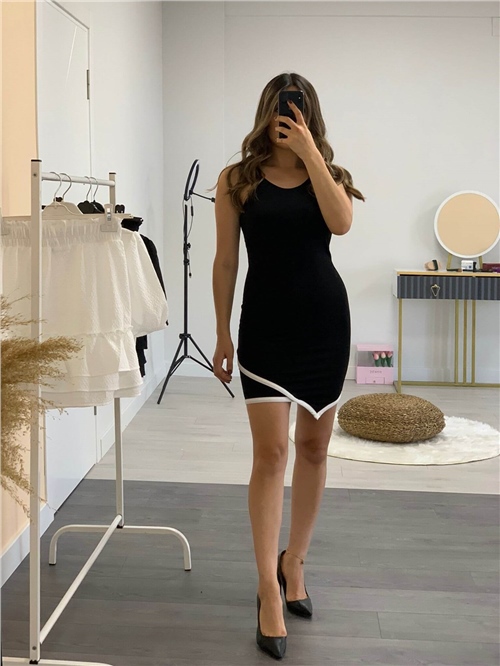 Krep Kumaş Askılı Mini Elbise - Siyah