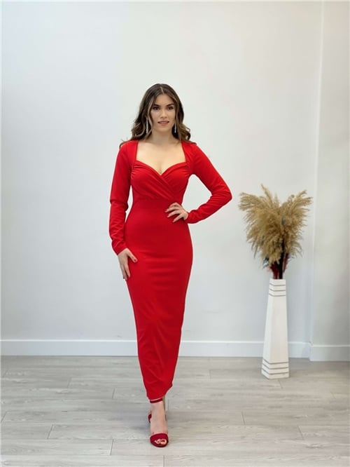 Krep Kumaş Göğüs Büzgülü Elbise - Kırmızı
