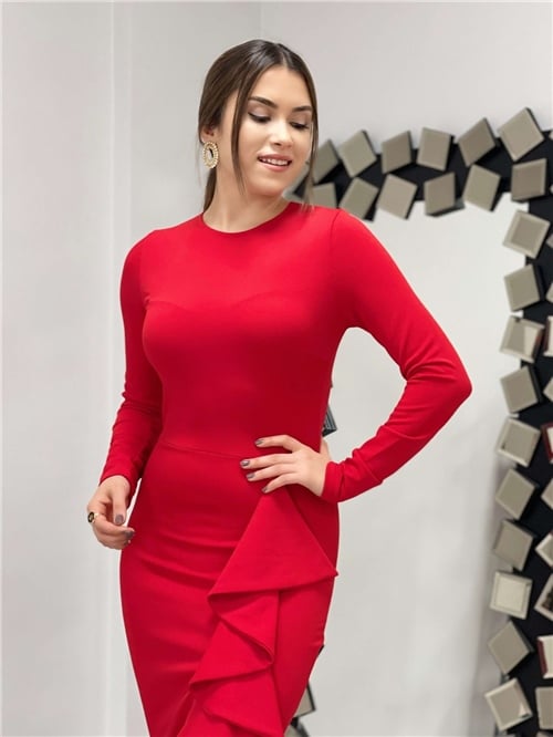Krep Kumaş Volan Detaylı Kalem Elbise - Kırmızı