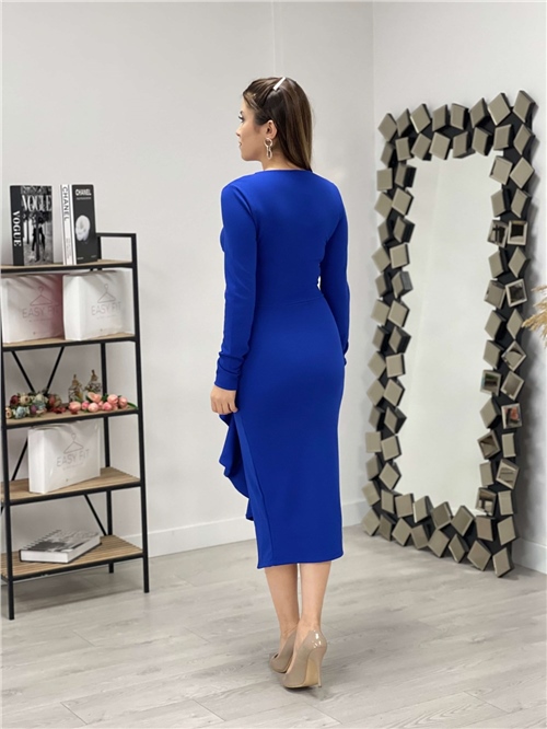 Krep Kumaş Volan Detaylı Kalem Elbise - Saks Mavisi