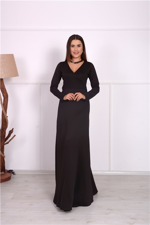 Scuba Kumaş Kol Lastikli Büyük Beden Elbise - Siyah
