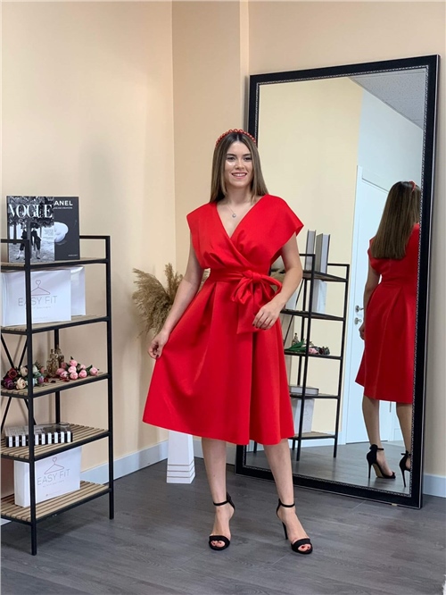 Scuba Kumaş Pileli Midi Elbise - Kırmızı