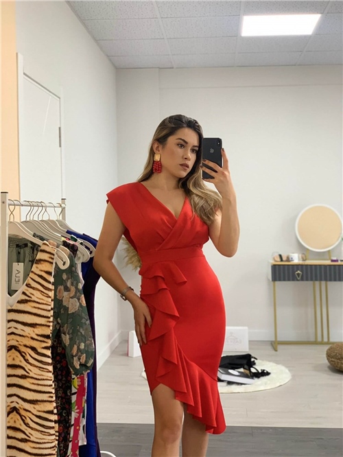 Scuba Kumaş Volan Detaylı Elbise - Kırmızı