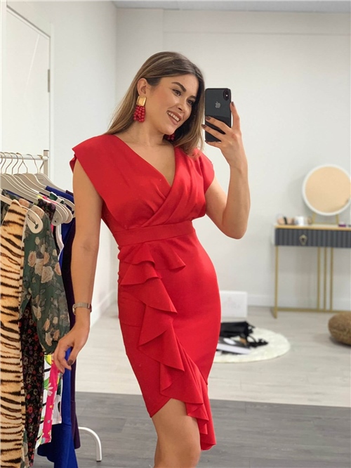Scuba Kumaş Volan Detaylı Elbise - Kırmızı