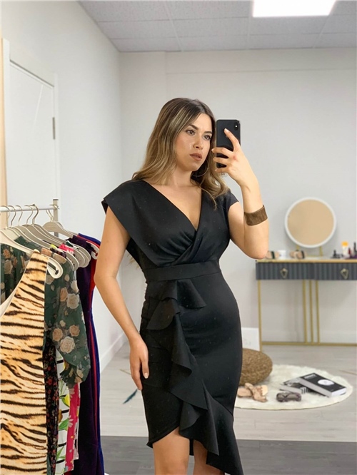 Scuba Kumaş Volan Detaylı Elbise - Siyah