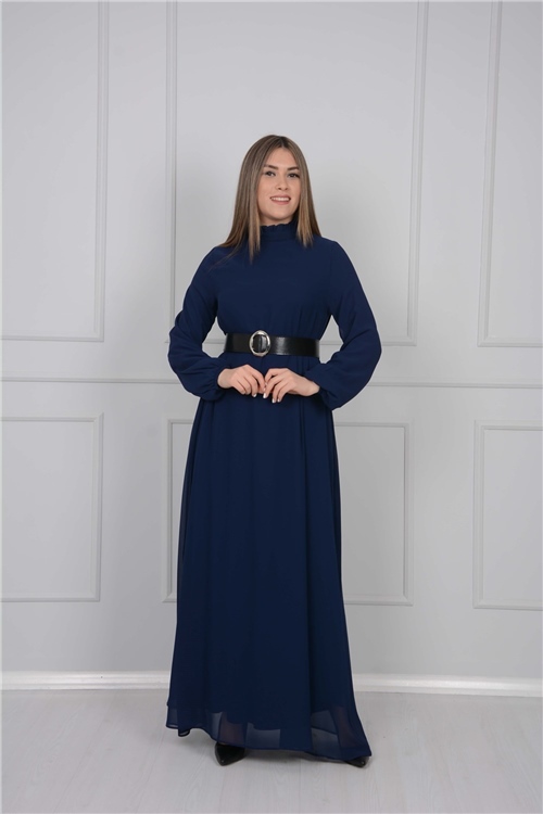 Şifon Kumaş Kemerli Elbise - Lacivert