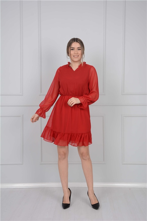 Şifon Kumaş Mini Elbise - Kırmızı