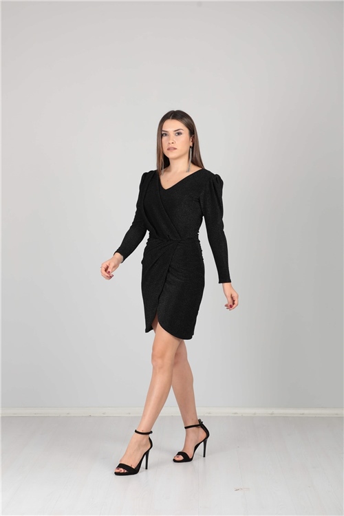 Simli Kumaş Mini Elbise - Siyah
