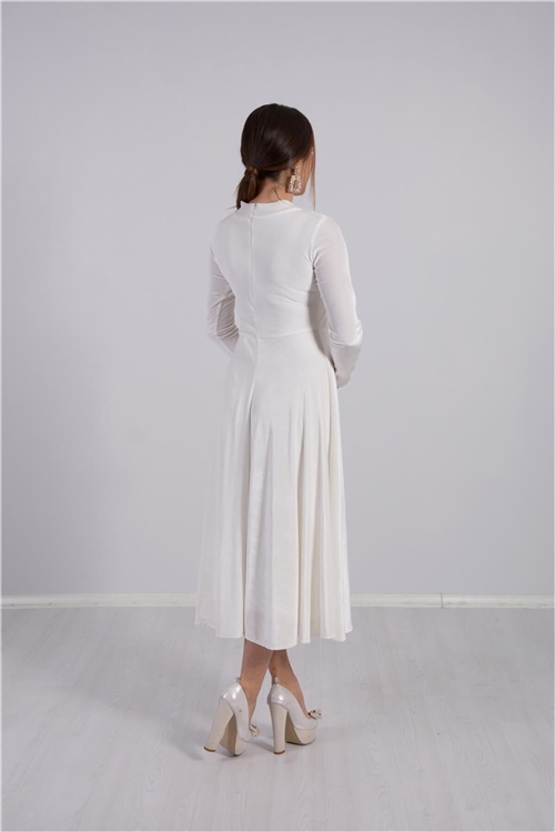 Boğazlı Midi Kadife Elbise - Beyaz