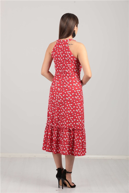 Çiçek Desenli Boyundan Bağlamalı Elbise - Kırmızı