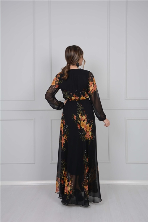 Çiçek Desenli Şifon Elbise - Siyah