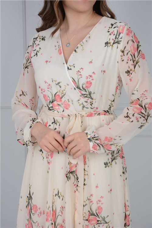 Çiçek Detaylı Şifon Elbise - Beyaz