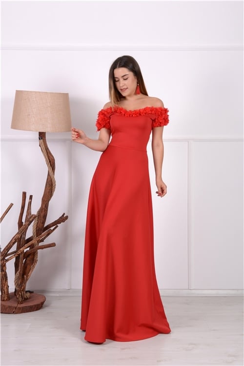 Çiçekli Abiye Elbise - Kırmızı