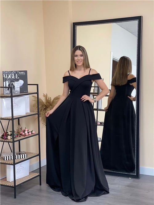 Crep Kumaş Askılı Prenses Elbise - Siyah