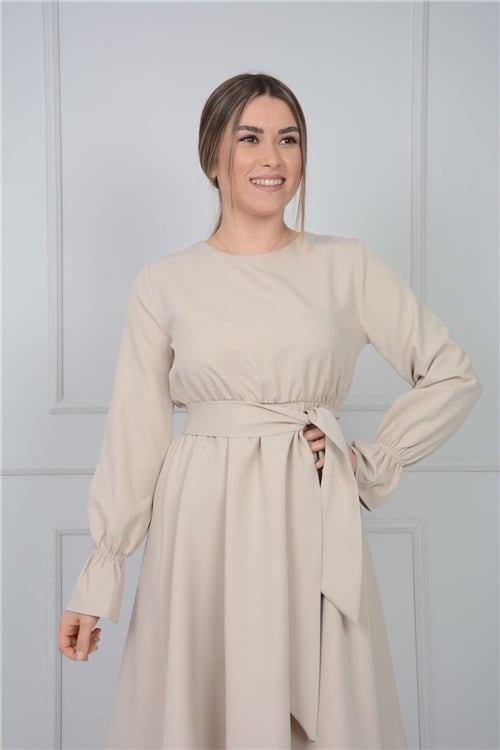Crep Kumaş Bel Lastik Elbise - Vizon