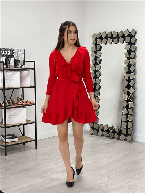 Crep Kumaş Fırfırlı Mini Elbise - Kırmızı