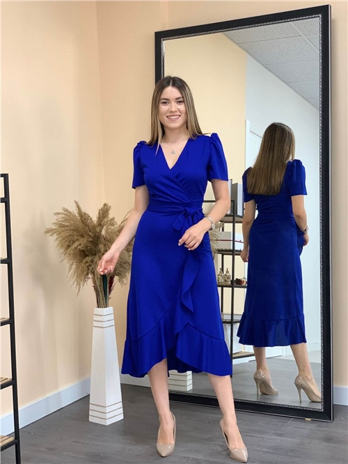 Crep Kumaş Midi Elbise  - Saks Mavisi