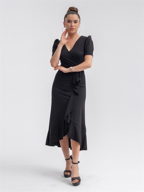 Crep Kumaş Midi Elbise  - Siyah