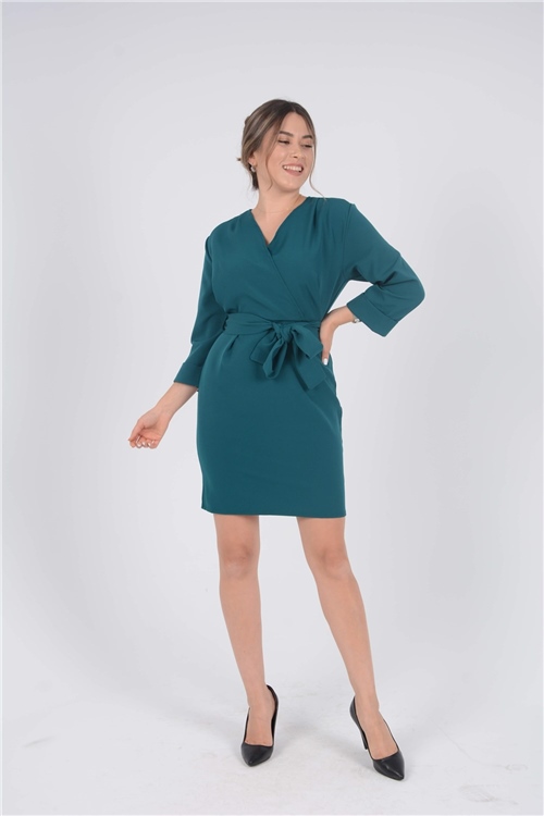 Crep Kumaş Mini Elbise - Zümrüt Yeşili
