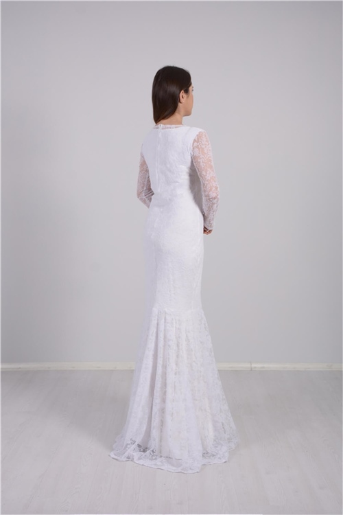 Flok Baskı Dantel Tasarım Elbise - Beyaz
