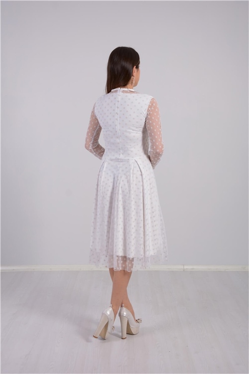 Flok Baskı Puantiye Detaylı Midi Elbise - Beyaz