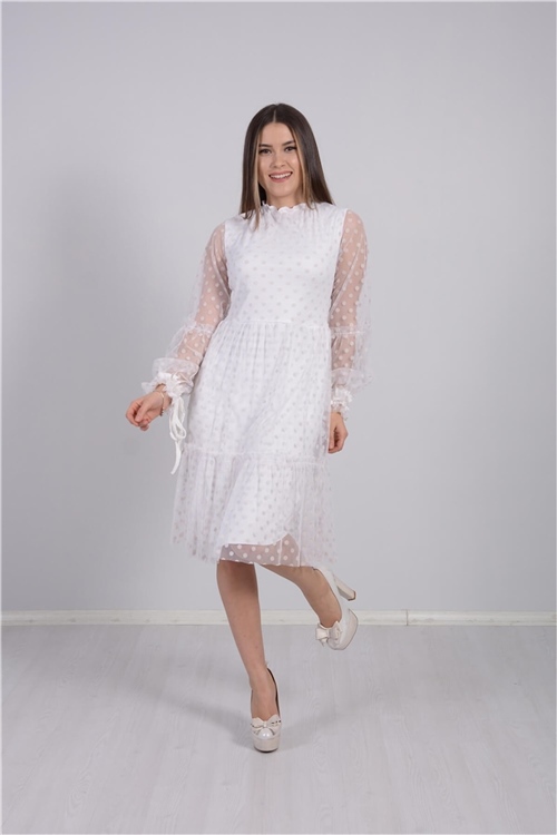 Flok Baskı Puantiye Detaylı Tasarım Elbise - Beyaz