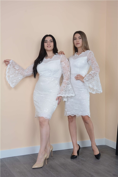 Full Güpür Kolu Volanlı Elbise - Beyaz