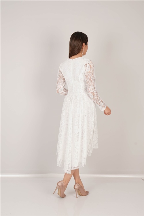 Güpür Dantel Asimetrik Kesim Elbise - Beyaz