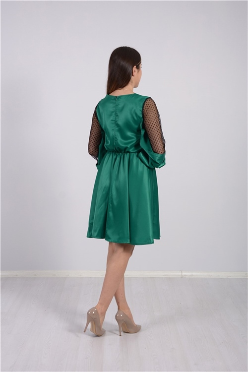 İthal Saten Kol Detaylı Elbise - Zümrüt Yeşil