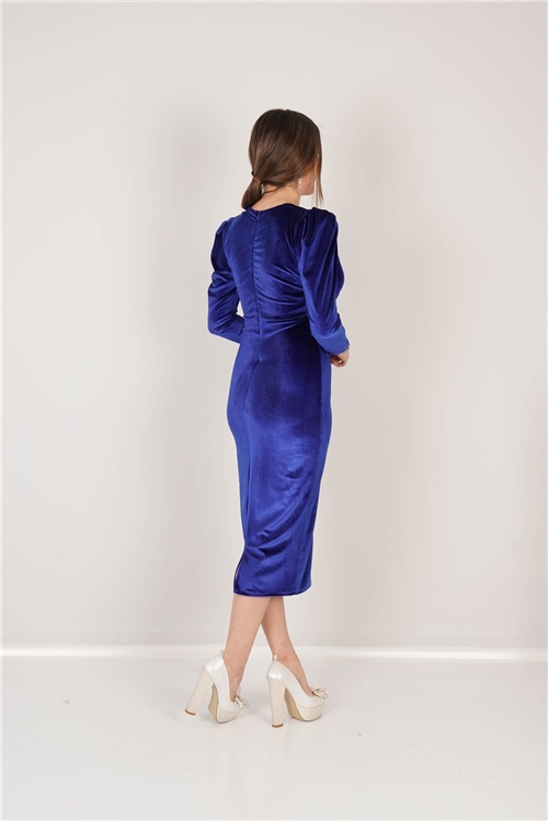 Kadife Büzgü Detaylı Elbise - Sax Mavisi