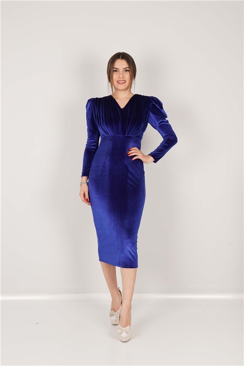 Kadife Büzgü Detaylı Elbise - Sax Mavisi