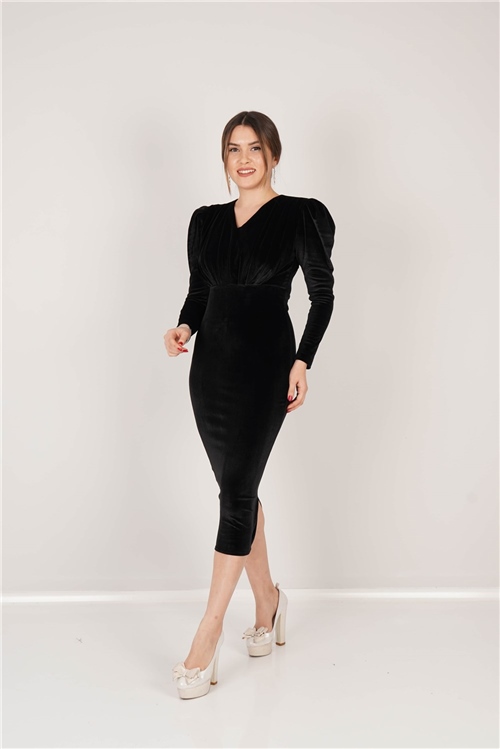 Kadife Büzgü Detaylı Elbise - Siyah