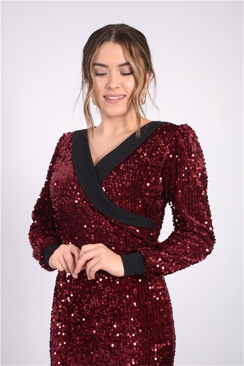 Kadife Payet Ceket Elbise  - Bordo