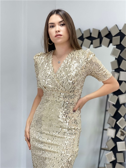 Kadife Payet Ceket Elbise - GOLD