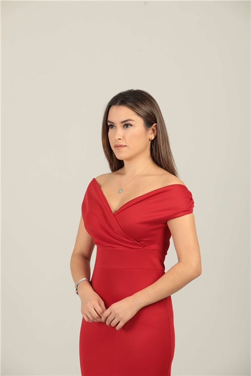 Kayık Yaka Kalem Elbise - Kırmızı