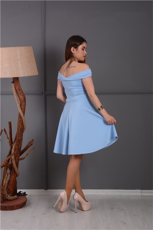 Kayık Yaka Mini Elbise - Buz Mavi