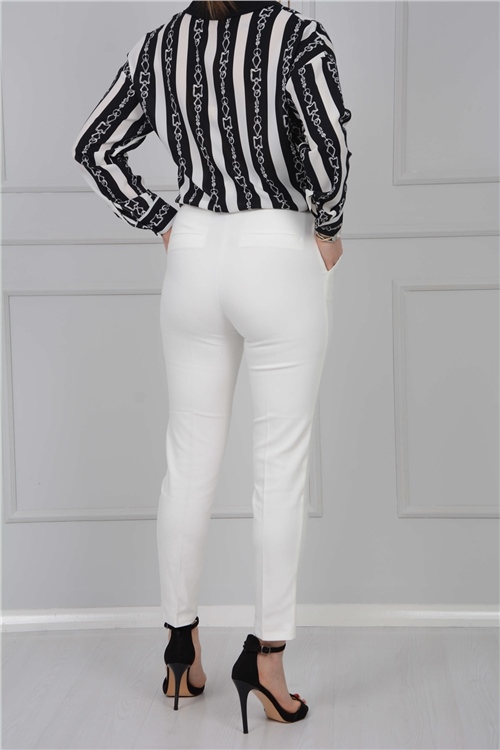 Klasik Cepli Düz Pantolon - Beyaz