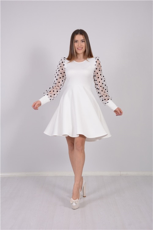 Kolu Organze Tül Kiloş Elbise - Beyaz