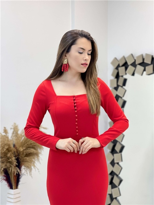 Krep Kumaş Düğme Detaylı Kalem Elbise - Kırmızı